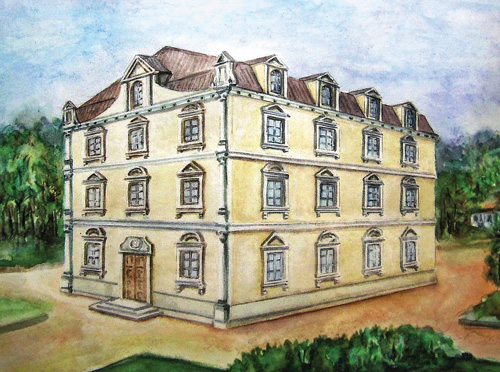 Frontal and lateral (longitudinal) façades of the main palace of the Mazepa residence in Honcharivka, a suburb of Baturyn (before 1700). Reconstruction by V. Mezentsev; drawing by S. Dmytrienko, 2010.